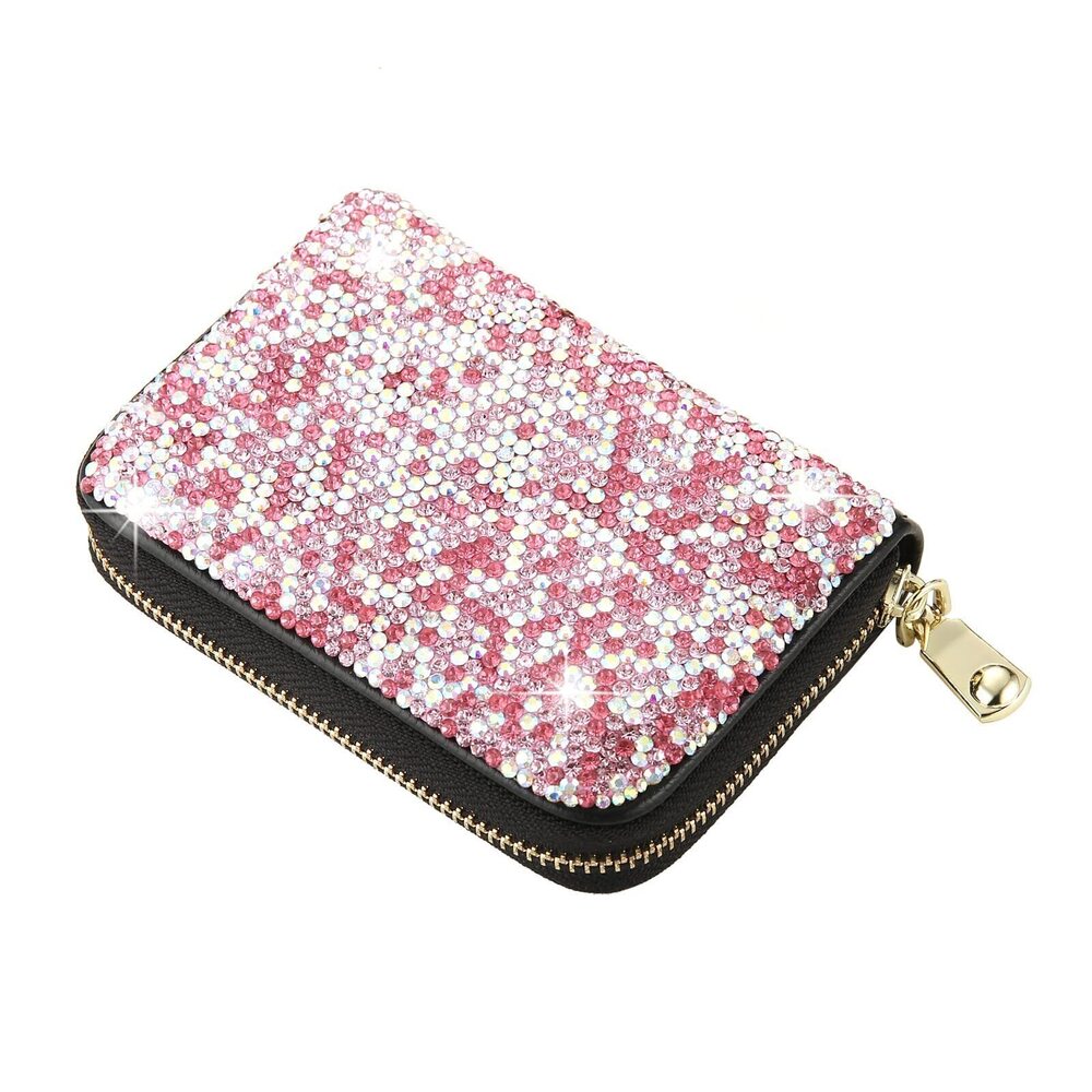 7995 Rhinestone Credit Card Holder RFID Blocking Wallet Slim Leather Zipper